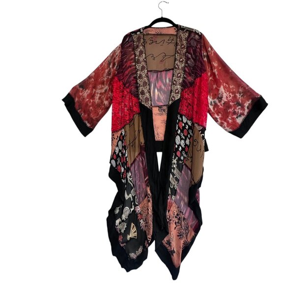 Boho Patchwork Kimono Cardigan Sheer Open Front Asymmetric One Size Rayon - Picture 3 of 9